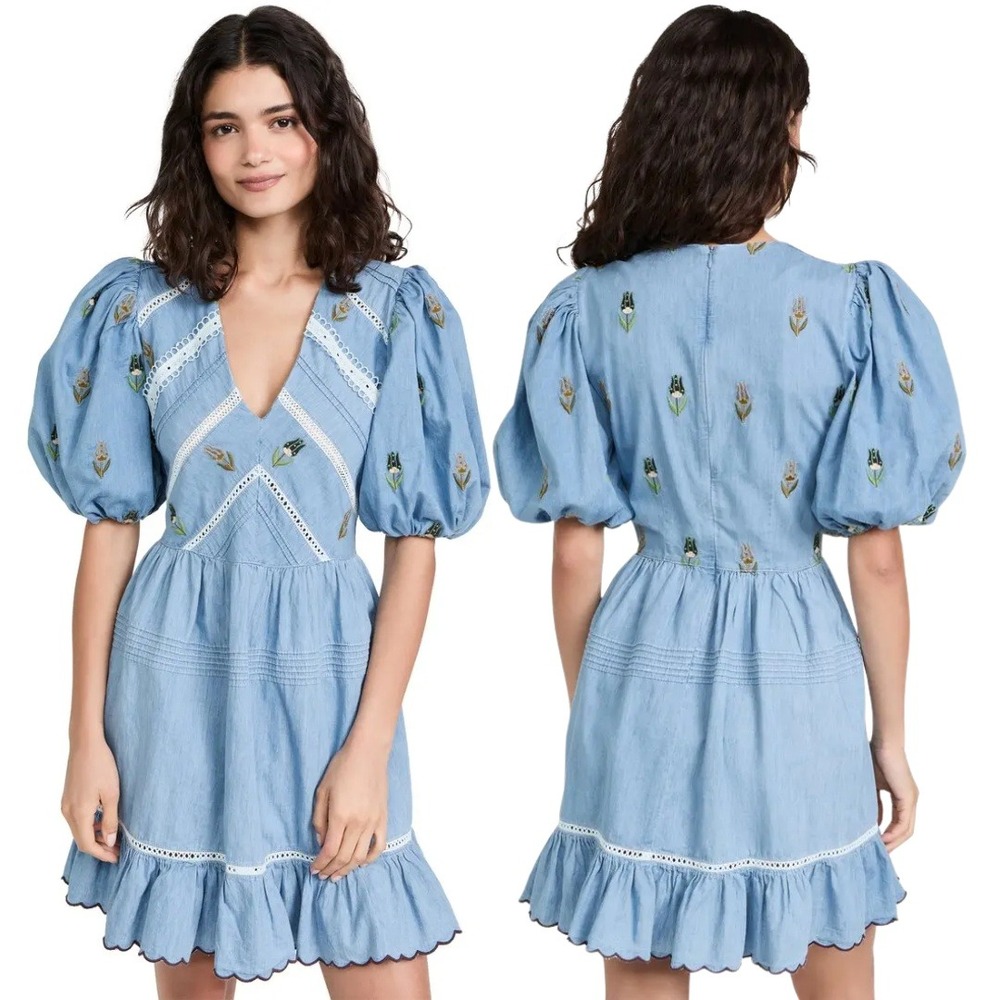 Lug Von Siga Dress Emma Blue Embroidered Floral Puff Sleeve Mini Dress US 4